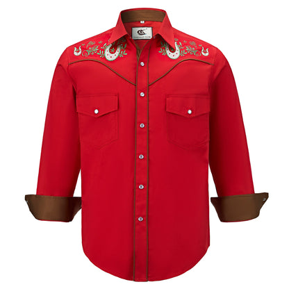 Men's Embroidered Western Cowboy Shirt Long Sleeve Regular Fit Casual Button Down Shirts with Pockets