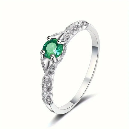 Emerald Gemstone Stainless Steel Ring Women Classic Prong Setting Round Stone Engagement Fashion May Birthstone Jewelry