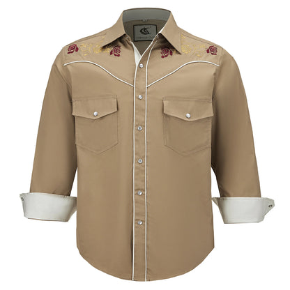 Men's Embroidered Western Cowboy Shirt Long Sleeve Regular Fit Casual Button Down Shirts with Pockets