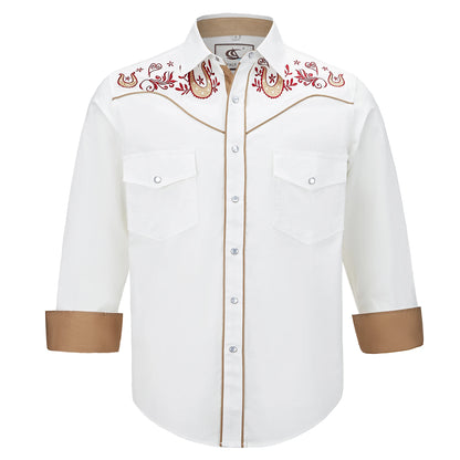 Men's Embroidered Western Cowboy Shirt Long Sleeve Regular Fit Casual Button Down Shirts with Pockets