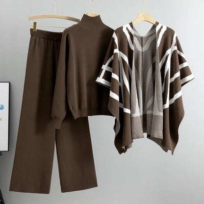 Wholesale Knitwear Women's Three-Piece Suit Temperament Socialite Cardigan Knitted Sweater Shawl Cape Wide Leg Pants Women's Set