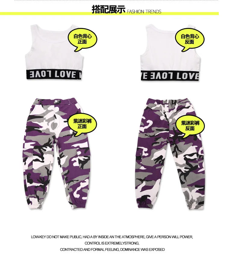 Wine Kid Hip Hop Clothing Camouflage Jogger Pants for Girls Jazz Dance Wear Costume Ballroom Dancing Clothes Stage Outfits Suit
