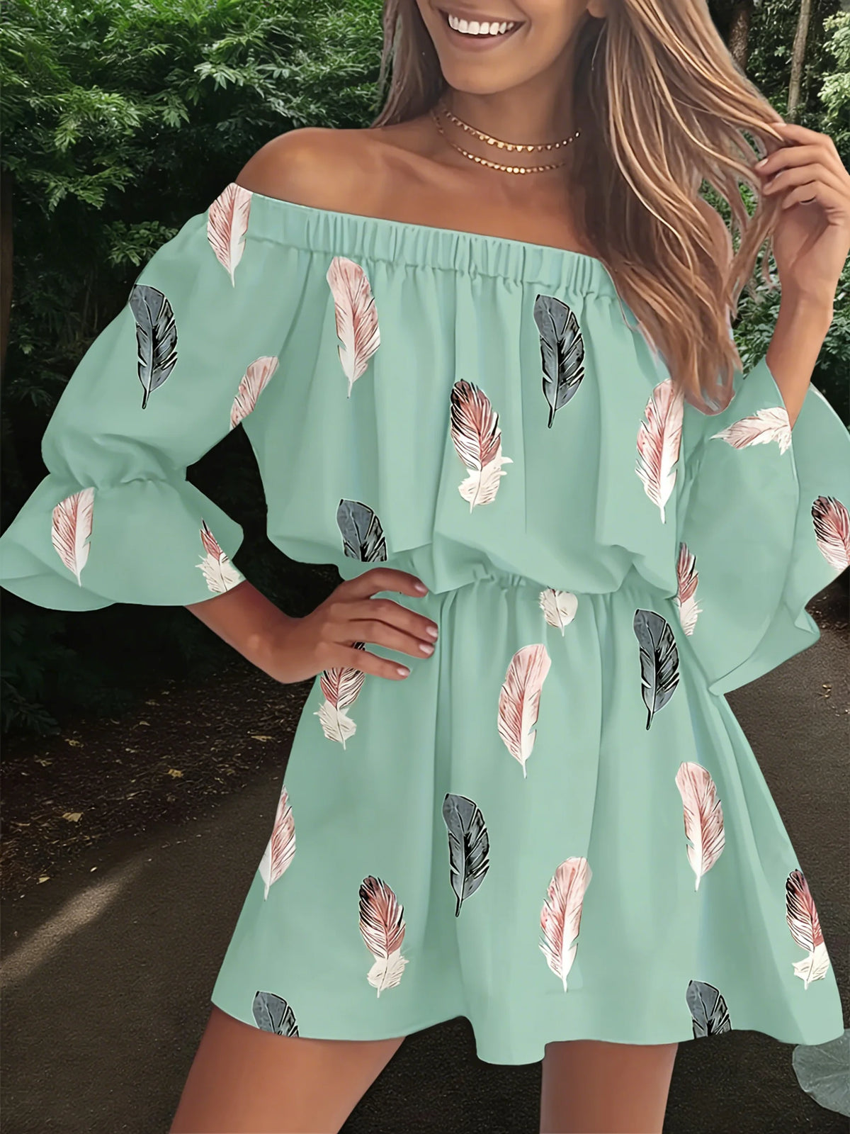 Off The Shoulder Chiffon Mini Dress With Feather Print Ruffle Sleeve Boho Loose Fit Summer Casual Dress