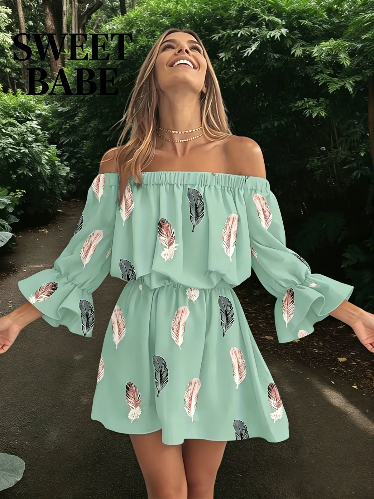 Off The Shoulder Chiffon Mini Dress With Feather Print Ruffle Sleeve Boho Loose Fit Summer Casual Dress