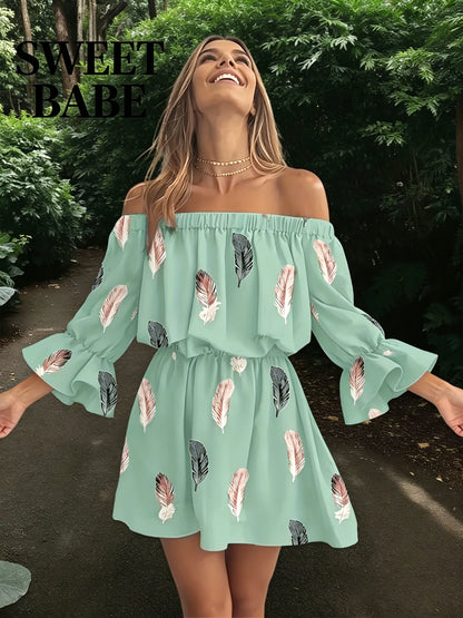 Off The Shoulder Chiffon Mini Dress With Feather Print Ruffle Sleeve Boho Loose Fit Summer Casual Dress