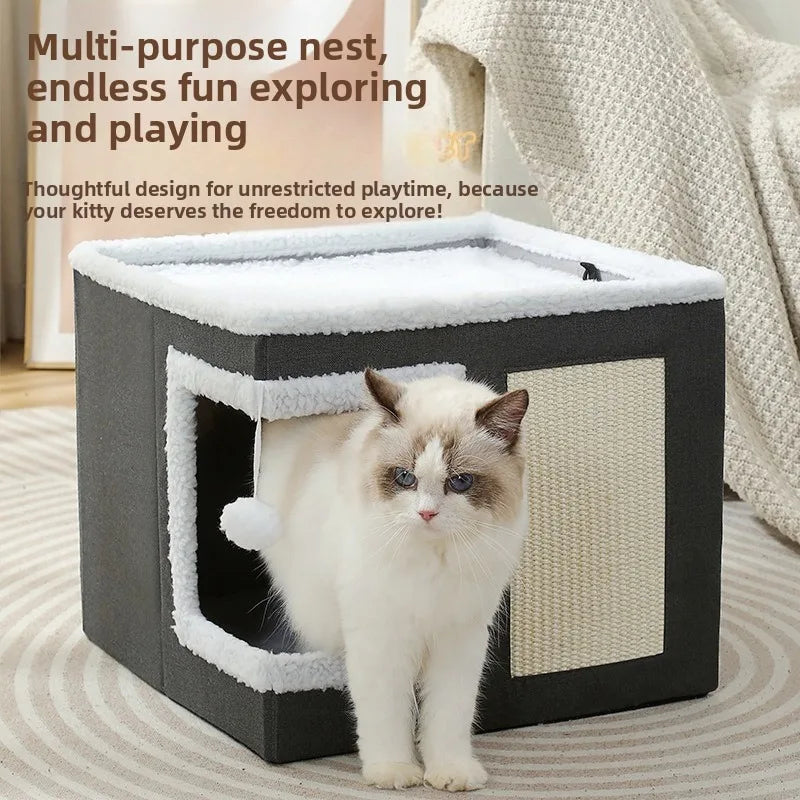 Cat Bed House Scratch Pad Foldable Square Design Solid Pattern Fashion Style Cat Cave Hideaway Cube Removable Washable Cushions