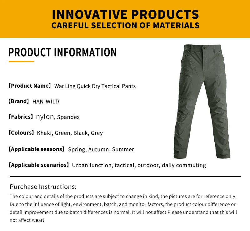 HAN WILD Quick Drying Casual Pants Breathable Lightweight Waterproof Pants