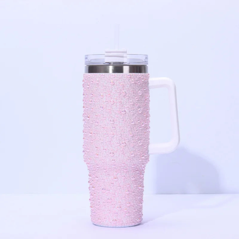 Cross-Border New 40oz Pearl Drill Car Cup Handle Portable Stainless Steel Thermos Water Cup for Household Garage 1-Year Warranty