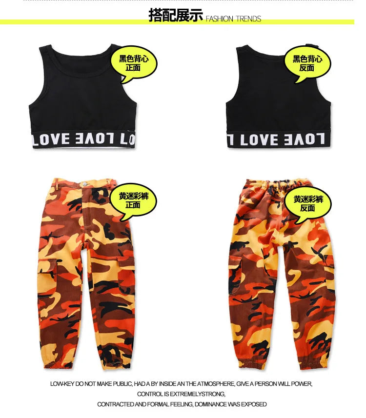 Wine Kid Hip Hop Clothing Camouflage Jogger Pants for Girls Jazz Dance Wear Costume Ballroom Dancing Clothes Stage Outfits Suit