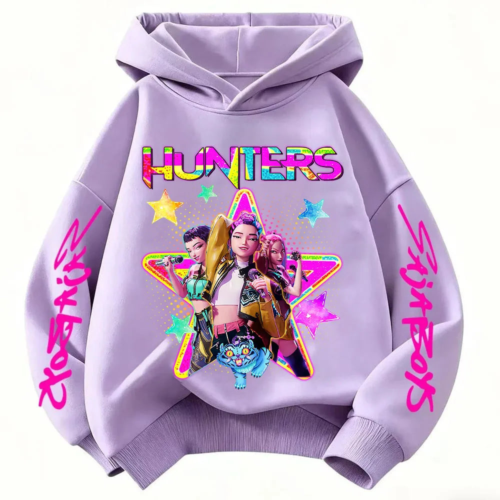 Anime Huntrx Three Girls Graphic Hoodies Kids Fashion Purple Pullover Sweatshirt For Girls