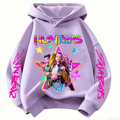 Anime Huntrx Three Girls Graphic Hoodies Kids Fashion Purple Pullover Sweatshirt For Girls