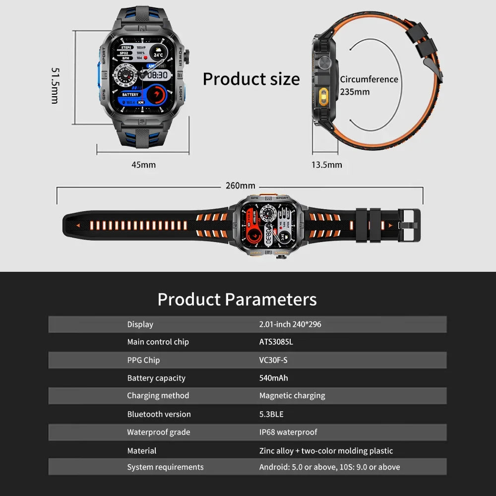 New Military Grade Smart Watch Men 2.01" AMOLED Screen Flashlight 5ATM Waterproof Swim Sports Fitness Tracker Call Smartwatches