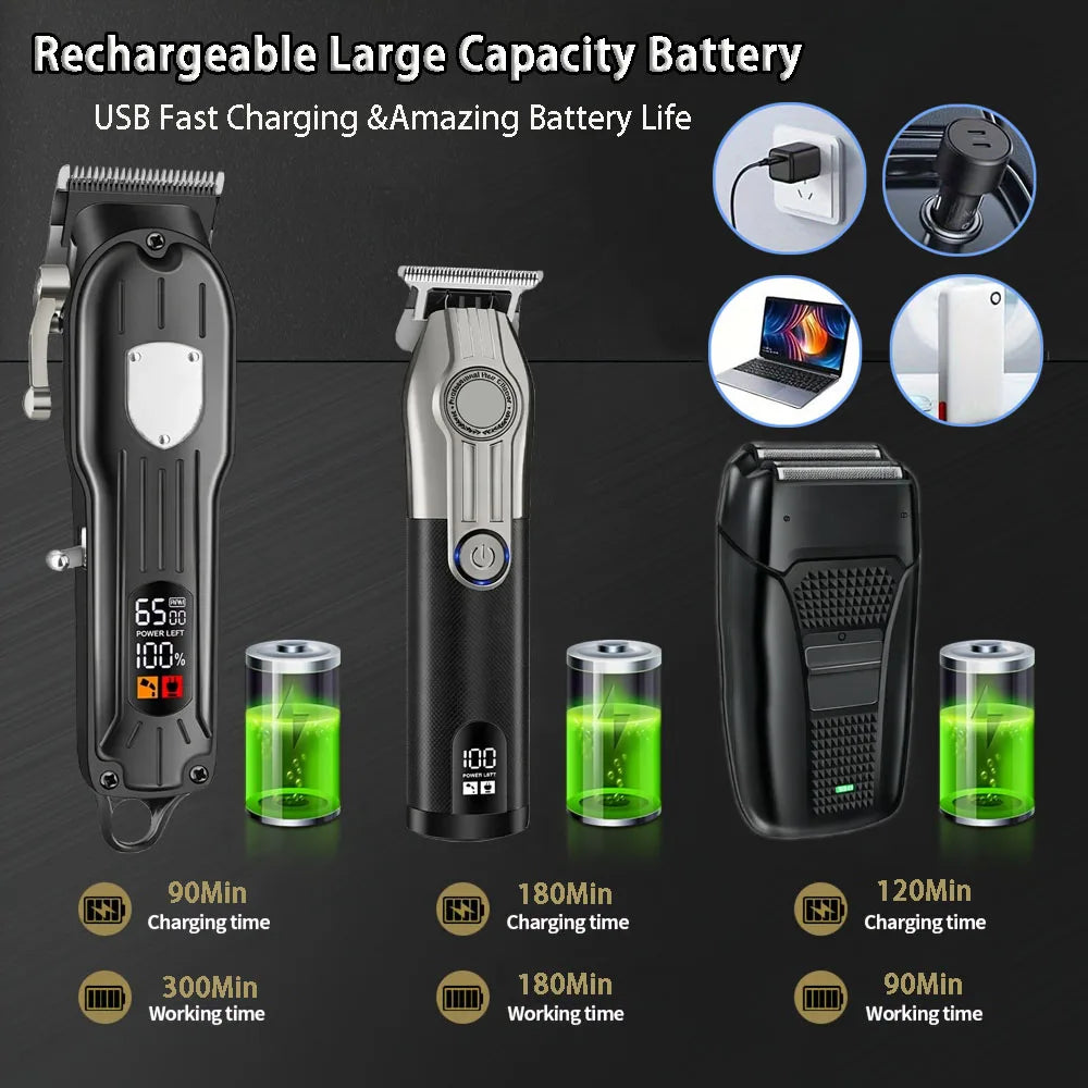 Professional Hair Clipper Set for Men, Cordless Haircut Kit with LED Display.