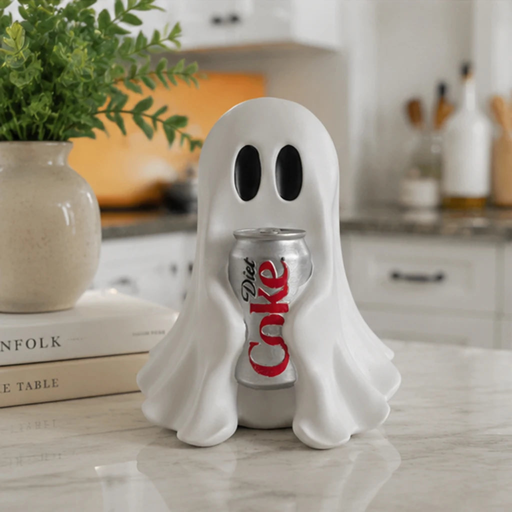 Funny Ghost Holding Soda Can Resin Statue Halloween Desk Decor