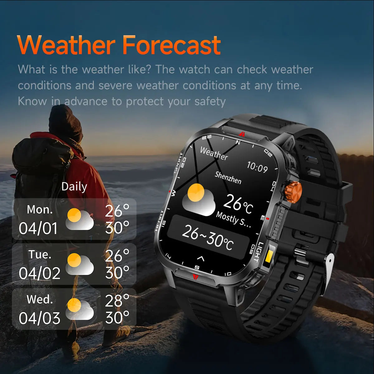 2025 Global Hiking Smartwatch 2.01''Screen 1100mAh Battery LED Light Compass IP68 Voice Assistant Outdoor Sport  Fitness Watch