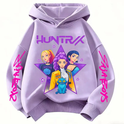 Anime Huntrx Three Girls Graphic Hoodies Kids Fashion Purple Pullover Sweatshirt For Girls