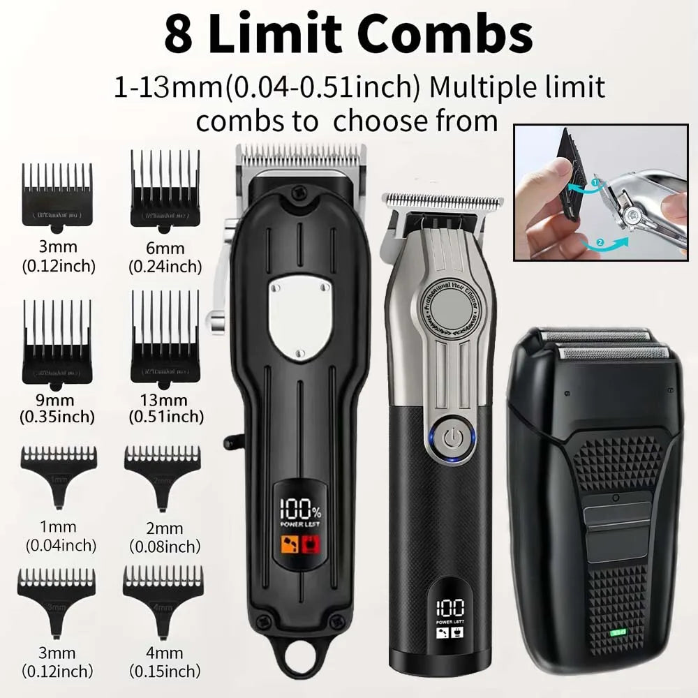 Professional Hair Clipper Set for Men, Cordless Haircut Kit with LED Display.