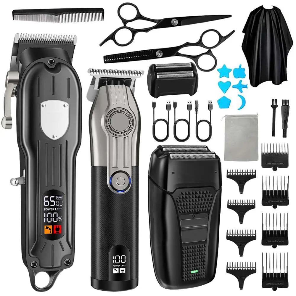 Professional Hair Clipper Set for Men, Cordless Haircut Kit with LED Display.