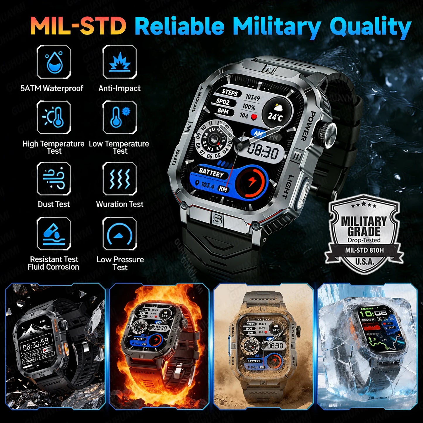 New Military Grade Smart Watch Men 2.01" AMOLED Screen Flashlight 5ATM Waterproof Swim Sports Fitness Tracker Call Smartwatches