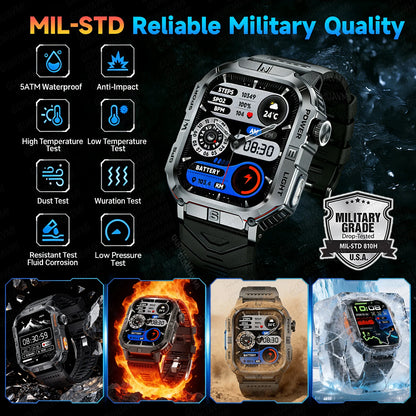 New Military Grade Smart Watch Men 2.01" AMOLED Screen Flashlight 5ATM Waterproof Swim Sports Fitness Tracker Call Smartwatches