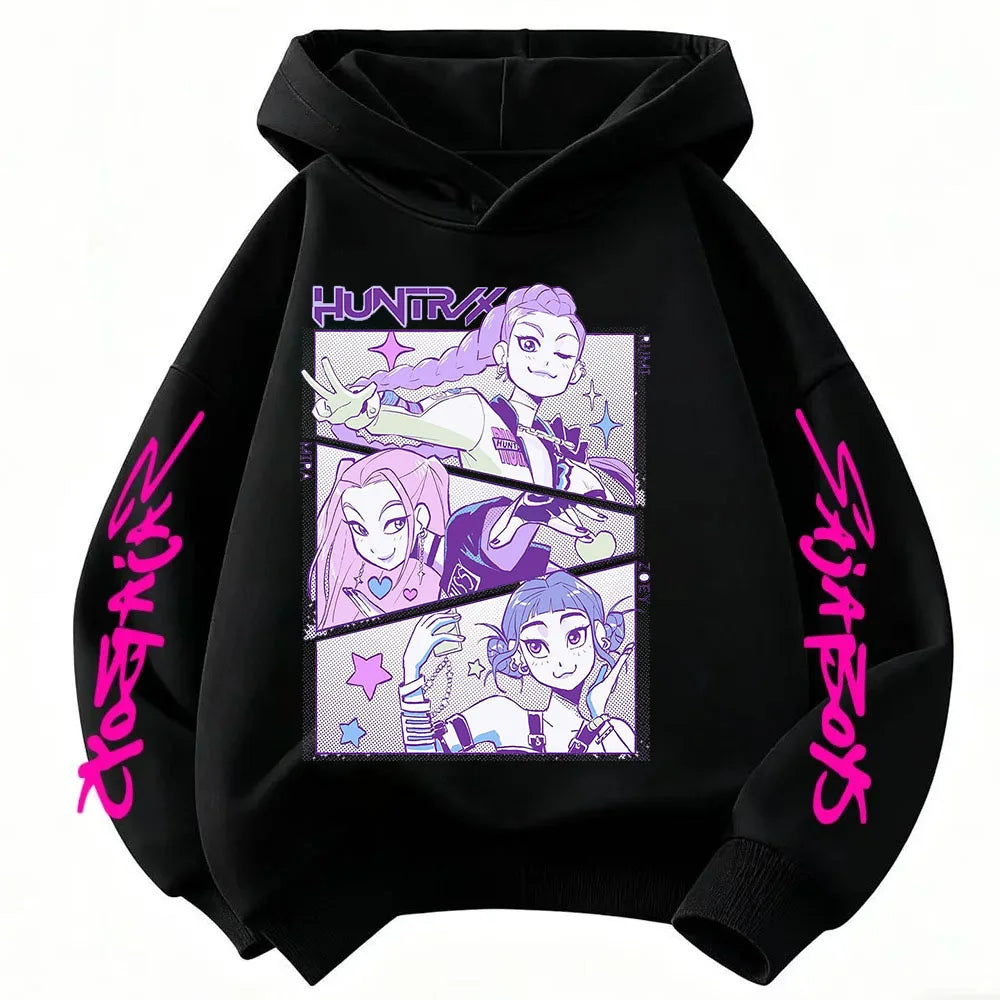 Anime Huntrx Three Girls Graphic Hoodies Kids Fashion Purple Pullover Sweatshirt For Girls