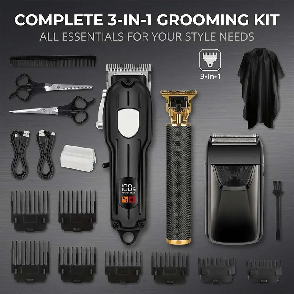 Professional Hair Clipper Set for Men, Cordless Haircut Kit with LED Display.