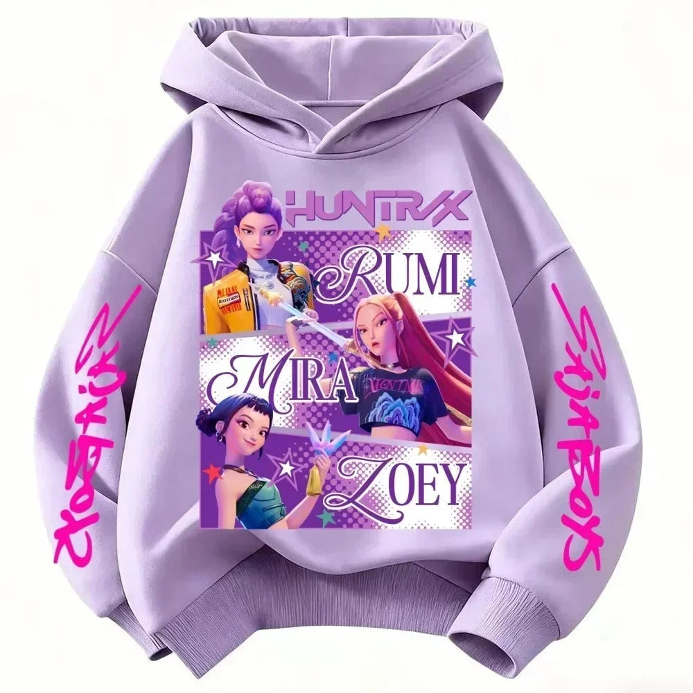 Anime Huntrx Three Girls Graphic Hoodies Kids Fashion Purple Pullover Sweatshirt For Girls