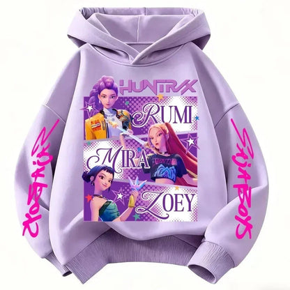 Anime Huntrx Three Girls Graphic Hoodies Kids Fashion Purple Pullover Sweatshirt For Girls