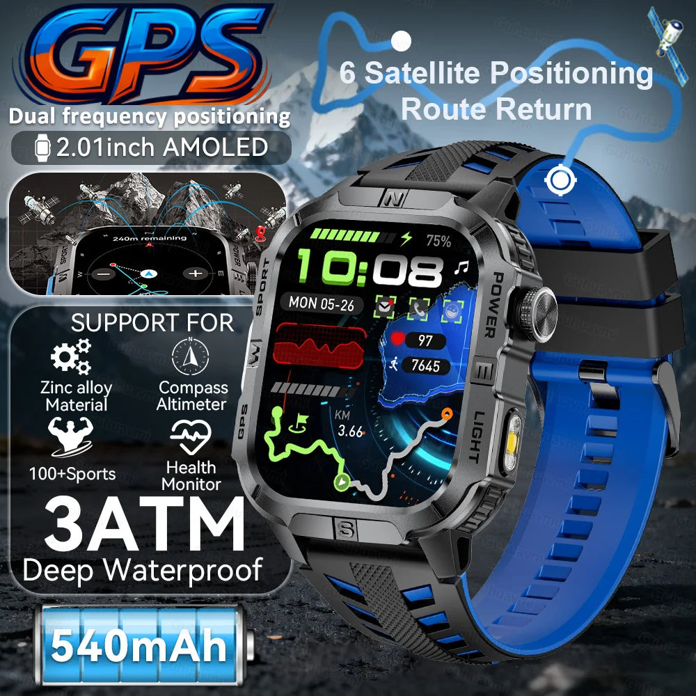 New Military Grade Smart Watch Men 2.01" AMOLED Screen Flashlight 5ATM Waterproof Swim Sports Fitness Tracker Call Smartwatches