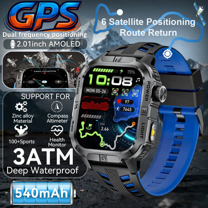 New Military Grade Smart Watch Men 2.01" AMOLED Screen Flashlight 5ATM Waterproof Swim Sports Fitness Tracker Call Smartwatches
