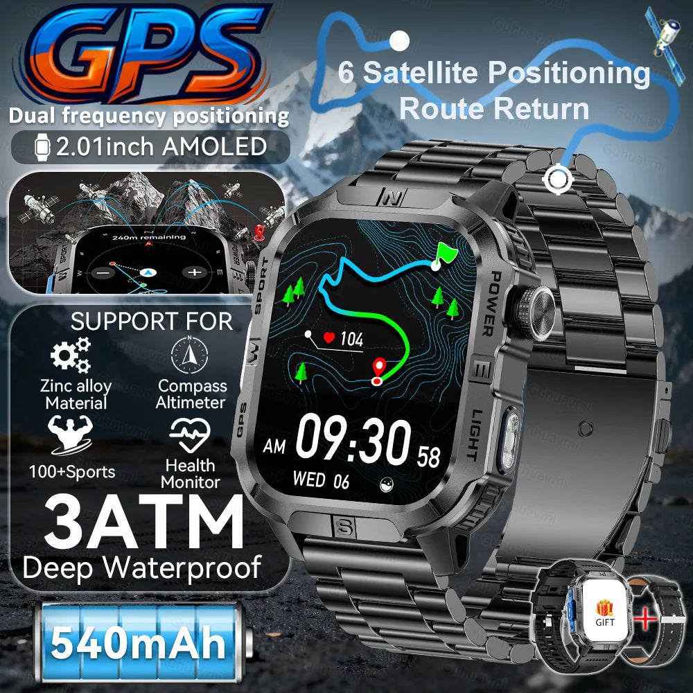 New Military Grade Smart Watch Men 2.01" AMOLED Screen Flashlight 5ATM Waterproof Swim Sports Fitness Tracker Call Smartwatches