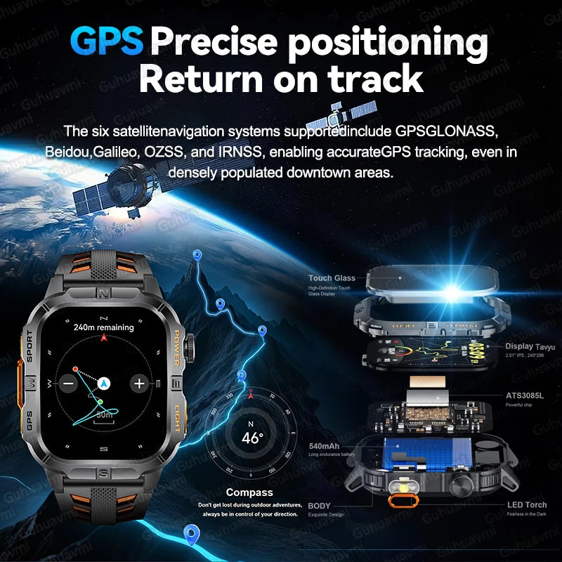 New Military Grade Smart Watch Men 2.01" AMOLED Screen Flashlight 5ATM Waterproof Swim Sports Fitness Tracker Call Smartwatches