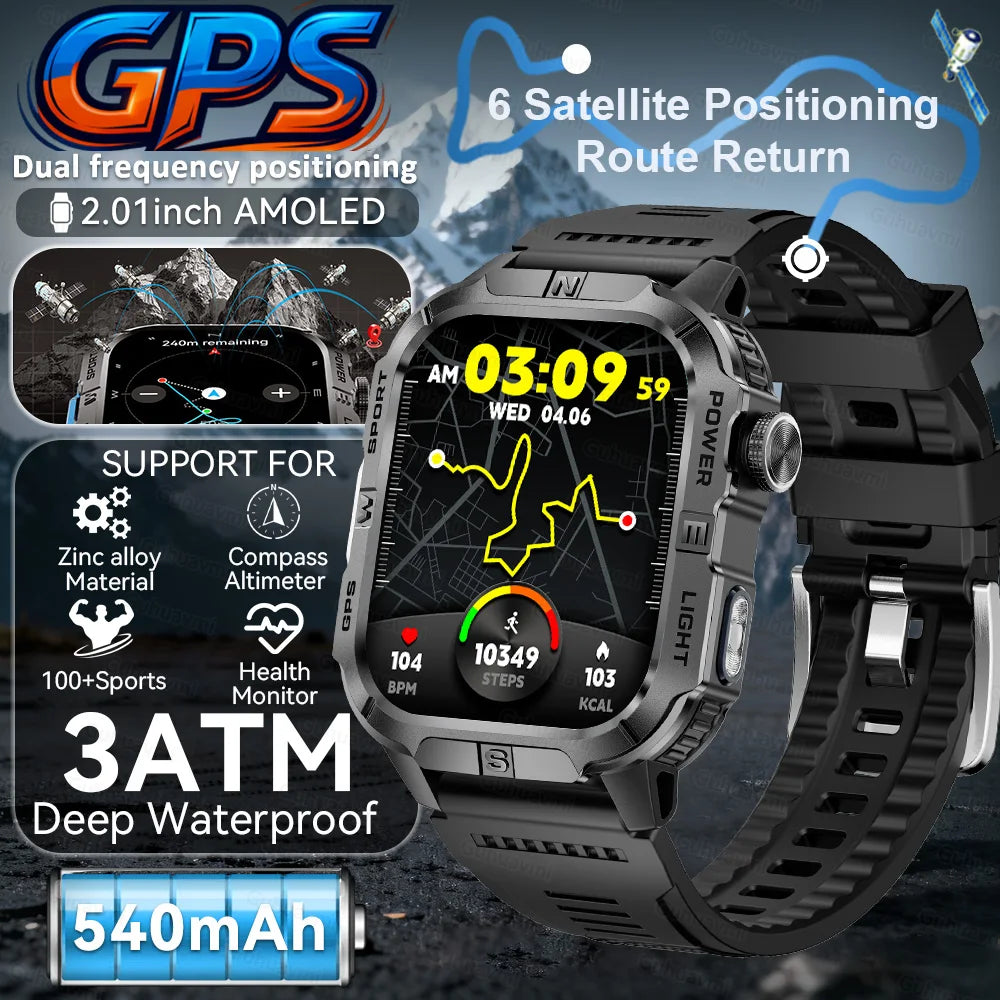 New Military Grade Smart Watch Men 2.01" AMOLED Screen Flashlight 5ATM Waterproof Swim Sports Fitness Tracker Call Smartwatches