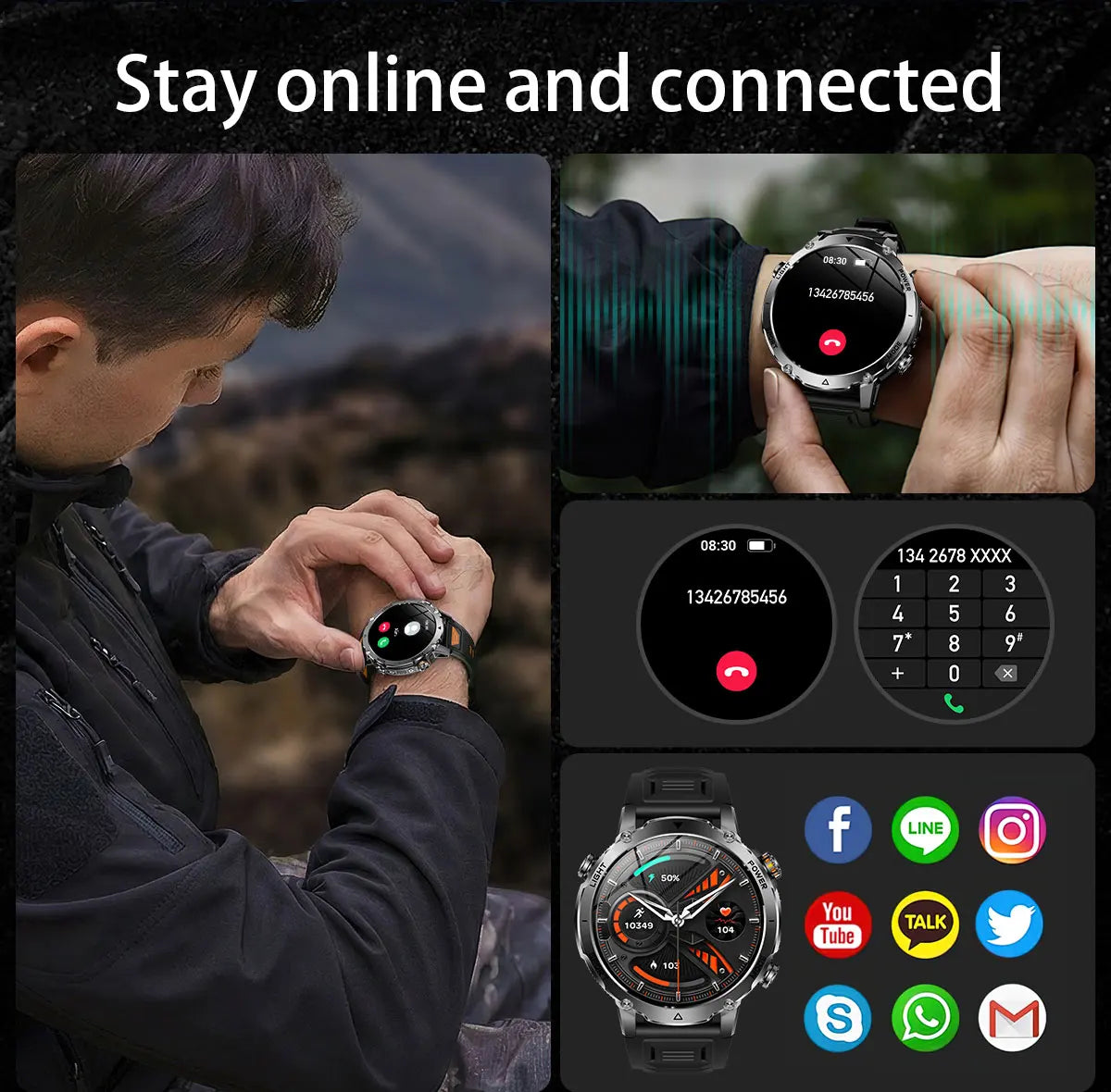 New 1400mAh Big Battery Smart Watch Men Outdoor GPS Flashlight IP68 Waterproof Bluetooth Call AMOLED Military Sports Smartwatch