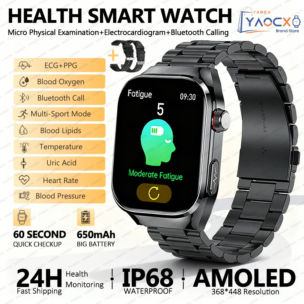 2026 New Nursing Grade Uric Acid Blood Lipids Smart Watch Men ECG+PPG Blood Pressure Heart Rate Bluetooth Call Health Smartwatch