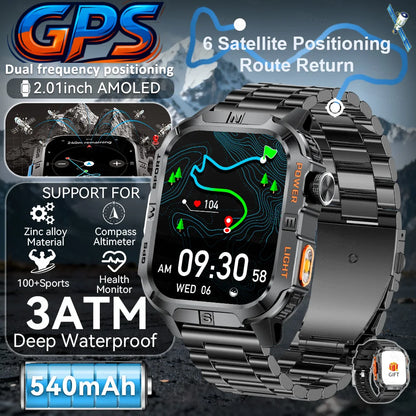 New Military Grade Smart Watch Men 2.01" AMOLED Screen Flashlight 5ATM Waterproof Swim Sports Fitness Tracker Call Smartwatches