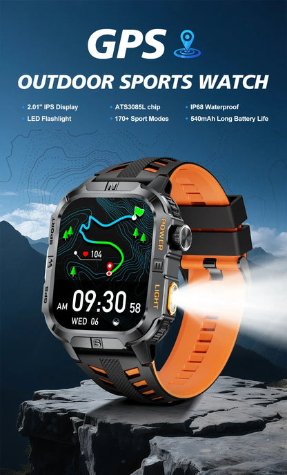 New Military Grade Smart Watch Men 2.01" AMOLED Screen Flashlight 5ATM Waterproof Swim Sports Fitness Tracker Call Smartwatches