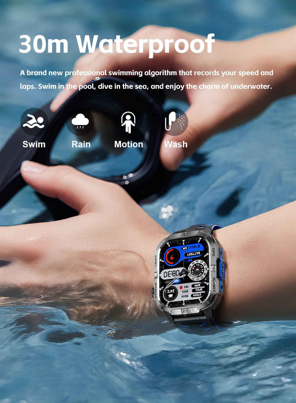 New Military Grade Smart Watch Men 2.01" AMOLED Screen Flashlight 5ATM Waterproof Swim Sports Fitness Tracker Call Smartwatches