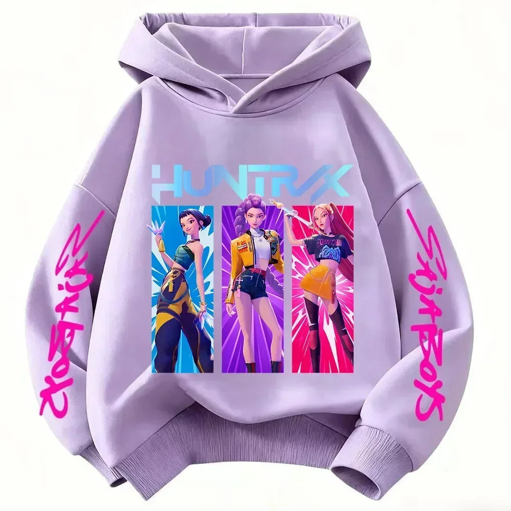 Anime Huntrx Three Girls Graphic Hoodies Kids Fashion Purple Pullover Sweatshirt For Girls