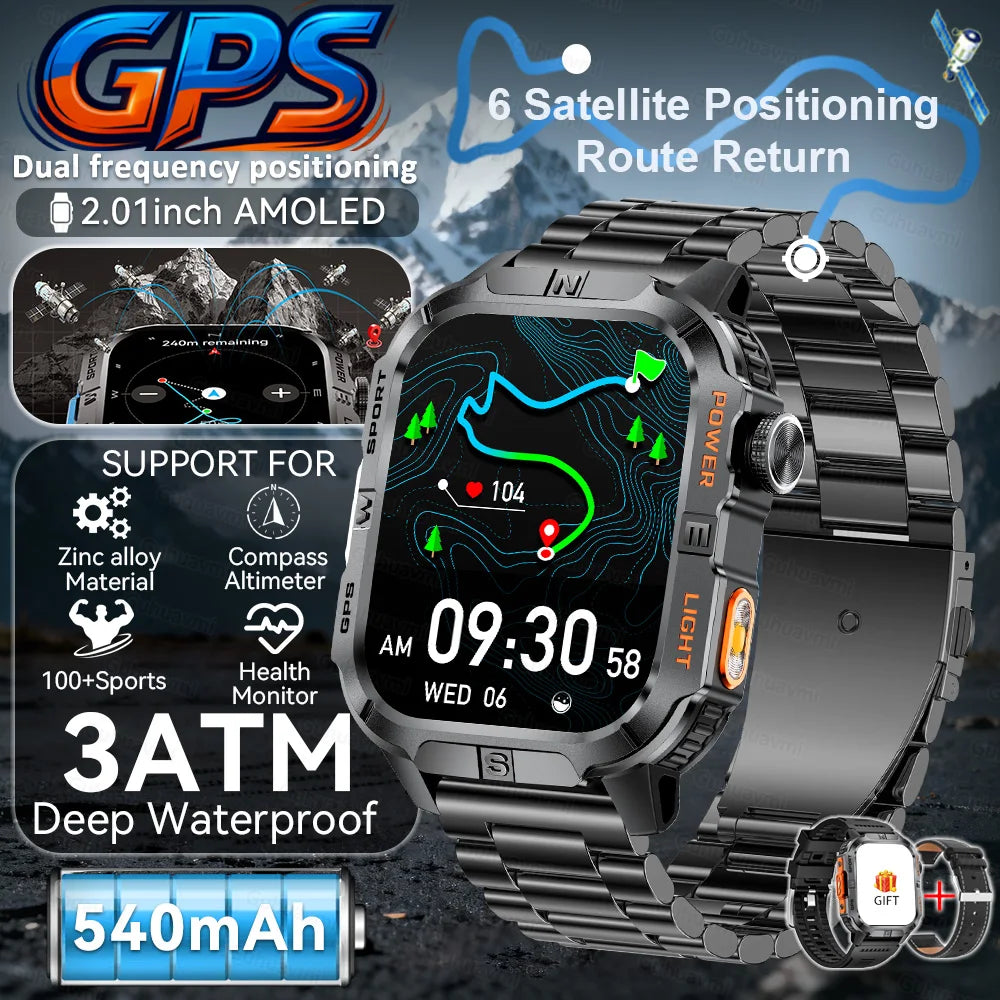 New Military Grade Smart Watch Men 2.01" AMOLED Screen Flashlight 5ATM Waterproof Swim Sports Fitness Tracker Call Smartwatches