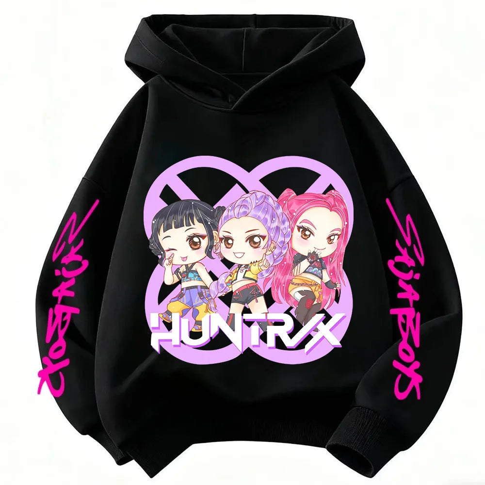 Anime Huntrx Three Girls Graphic Hoodies Kids Fashion Purple Pullover Sweatshirt For Girls