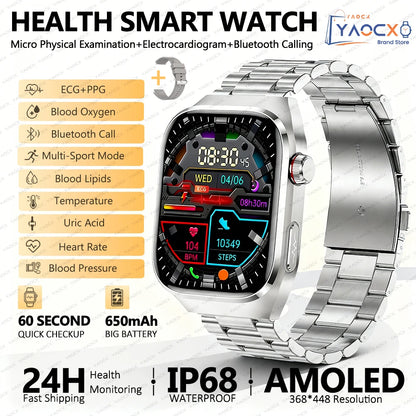 2026 New Nursing Grade Uric Acid Blood Lipids Smart Watch Men ECG+PPG Blood Pressure Heart Rate Bluetooth Call Health Smartwatch