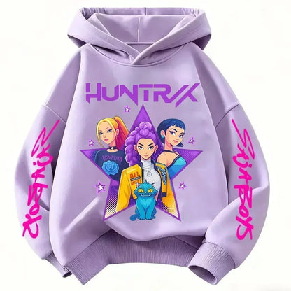 Anime Huntrx Three Girls Graphic Hoodies Kids Fashion Purple Pullover Sweatshirt For Girls