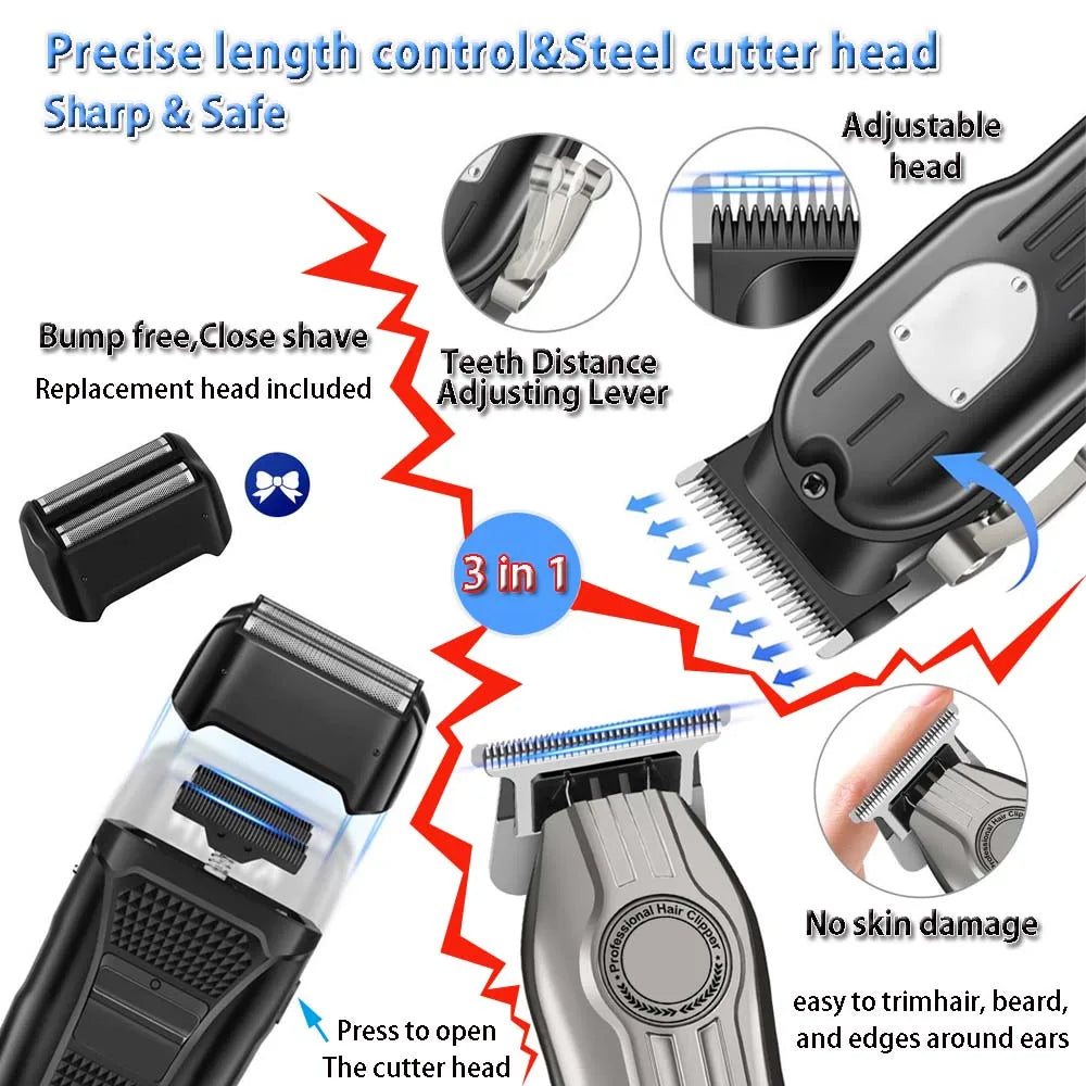 Professional Hair Clipper Set for Men, Cordless Haircut Kit with LED Display.