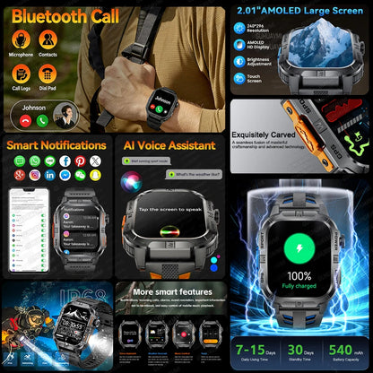 New Military Grade Smart Watch Men 2.01" AMOLED Screen Flashlight 5ATM Waterproof Swim Sports Fitness Tracker Call Smartwatches