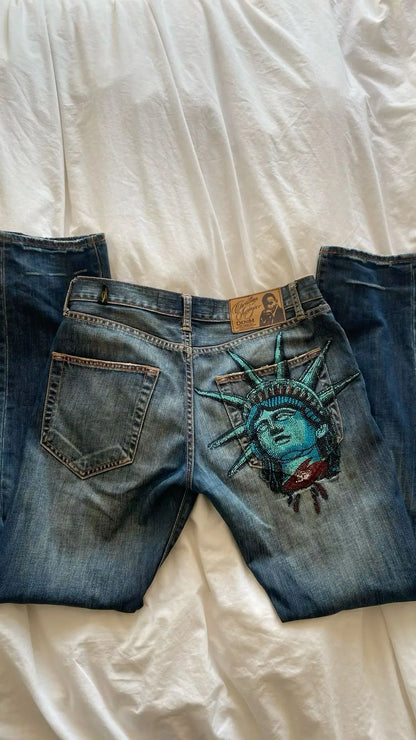 2000s Vintage Statue of liberty Diamonds Jeans Casual Denim Pants High Waist Straight Wide Leg Jeans Harajuku Y2k Women Clothing