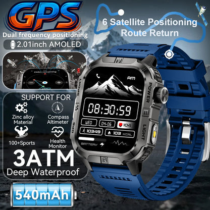 New Military Grade Smart Watch Men 2.01" AMOLED Screen Flashlight 5ATM Waterproof Swim Sports Fitness Tracker Call Smartwatches