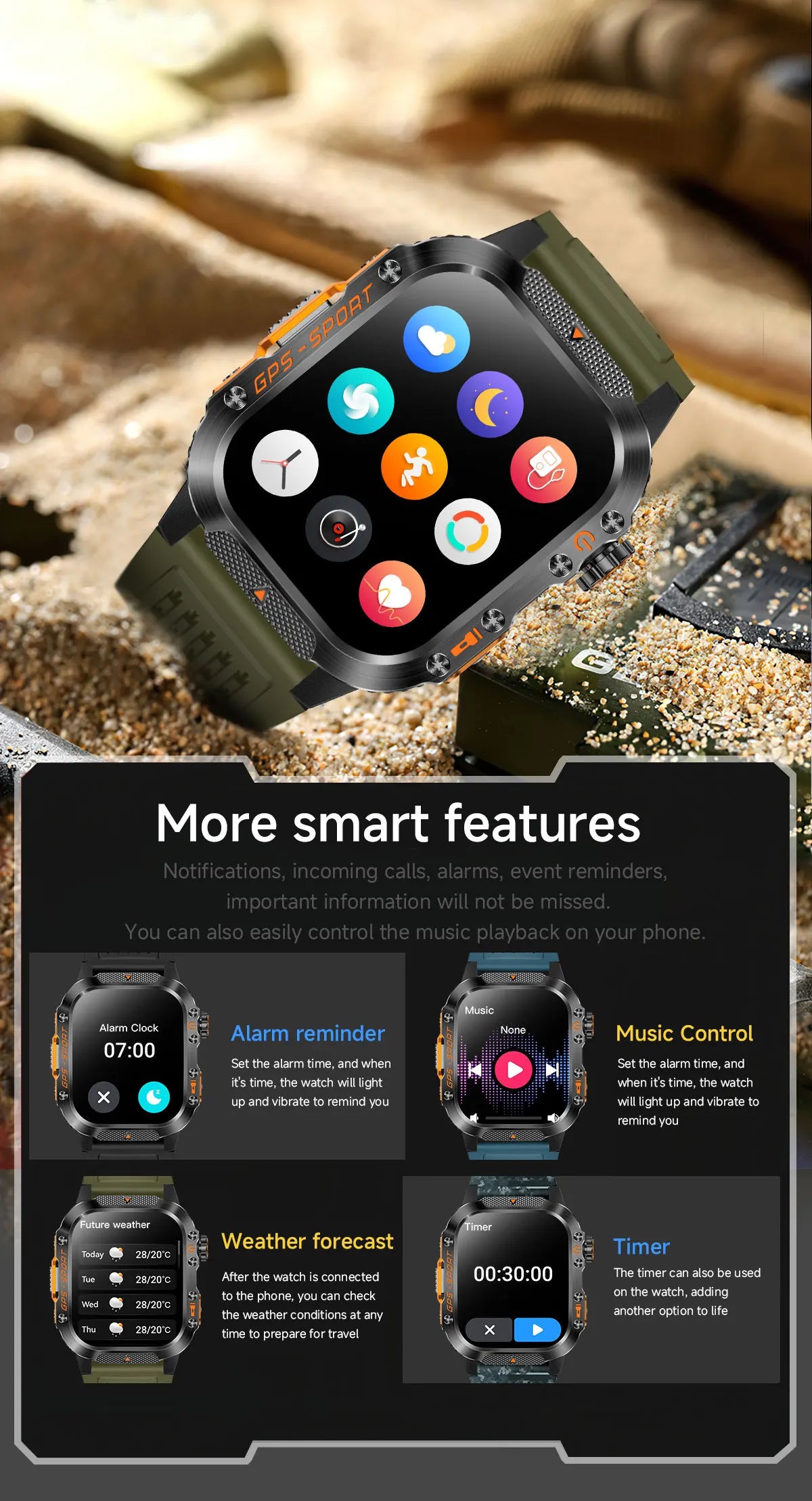 GPS T-Rex 3 Swim Sports Smart Watch 10ATM Waterproof Bracelet Flashlight Compass Bluetooth call Men Fitness Military Smartwatch