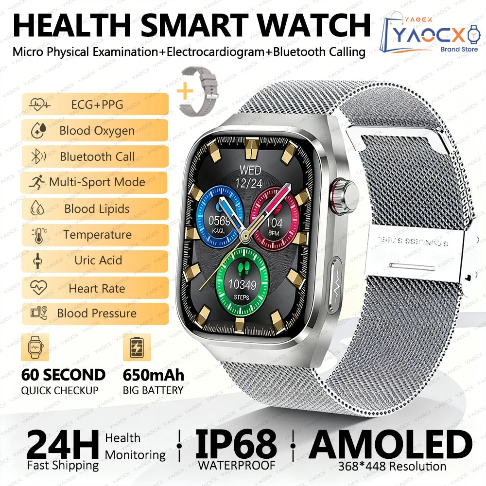 2026 New Nursing Grade Uric Acid Blood Lipids Smart Watch Men ECG+PPG Blood Pressure Heart Rate Bluetooth Call Health Smartwatch