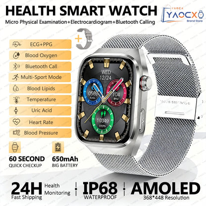 2026 New Nursing Grade Uric Acid Blood Lipids Smart Watch Men ECG+PPG Blood Pressure Heart Rate Bluetooth Call Health Smartwatch